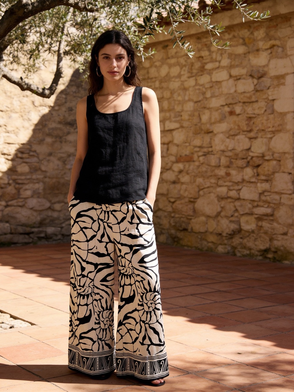 Rachel Zoe Boho Black Cream Linen Blend Wide Legs Pants Sz L